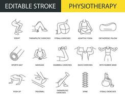 Physiotherapy line icon set in vector, squat and therapeutic exercises, adaptive yoga and fitball, orthopedic pillow. Editable stroke, you can change the width and color of the stroke. vector