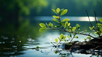 ai generado un río fluido mediante un bosque. creado con generativo ai foto