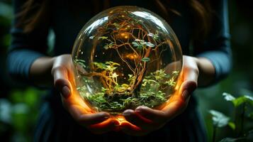 AI generated Hand holding a crystal ball with neon tree. Fantasy concept. Generative AI photo