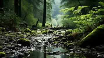 ai generado un río fluido mediante un bosque. creado con generativo ai foto