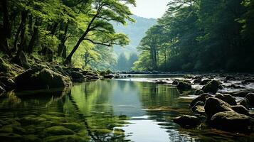 ai generado un río fluido mediante un bosque. creado con generativo ai foto