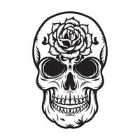 AI generated Skull With Rose Flower Black Outline Vector. Human skull with rose sketch drawing, tattoo vector illustration isolated on white background