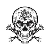 ai generado cráneo con Rosa flor negro contorno vector. humano cráneo con Rosa bosquejo dibujo, tatuaje vector ilustración aislado en blanco antecedentes