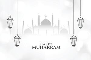 happy muharram islamic card with mosque and lanterns vector