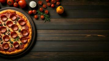 AI generated Pepperoni pizza with a focus on the dark wooden background highlight the contrast between the golden cheese, vibrant pepperoni, and the rustic elegance of the table. photo