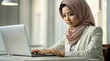 AI generated Elevate your business visuals with a professional image of an Asian woman in a hijab, working on a laptop at a stylish white desk, blending modernity and tradition. photo