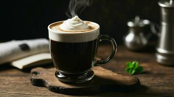 AI generated a morning routine with an Irish coffee mug placed thoughtfully on a rustic, dark wooden table photo