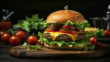 AI generated classic burger arrangement on a dark wooden table highlight the juicy patty, fresh lettuce, ripe tomatoes, and melted cheese photo