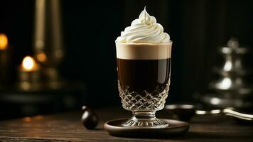 AI generated Irish coffee by photographing a beautifully garnished cup on a dark, polished wooden surface photo