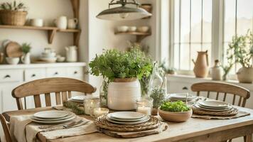 AI generated a photo of your farmhouse kitchen table adorned with simple yet charming decor highlight the natural textures and warm tones that define the timeless beauty of farmhouse