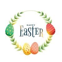 happy easter leaves and eggs frame card design vector