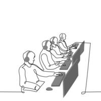 internet cafe with visitors at computers wearing over-ear headphones - one line drawing vector. concept gamers, Internet cafe customers vector