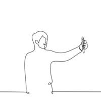 man stands with a phone filming himself, making a video call or broadcasting live on a social network - one line drawing vector. concept blogger, vlog, social media content vector