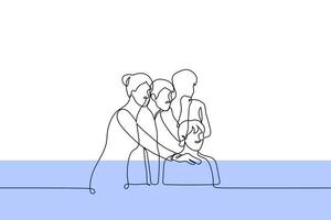 group of people is standing next to a colleague sitting at a desk and they are all looking at a large screen on the wall or a hologram - one line drawing vector