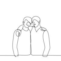 two buddies are standing side by side and hugging posing for a photo - one line drawing vector. the concept of male friendship, photo pose for memory vector