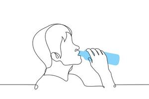 hombre Bebiendo agua desde un botella - uno línea dibujo vector. concepto masculino perfil retrato de un sed bebida refrescante bebedor desde un el plastico botella vector