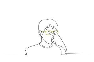 man pokes his fingers into his eyes through empty spectacle frames - one line drawing vector. concept fake glasses, metaphor to smash rose-colored glasses - face reality vector