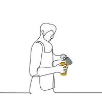 male barista pouring milk into a glass for coffee to go - one line drawing vector. the concept of making coffee in a coffeeshop vector
