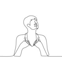 man holding his shirt - one line drawing vector. concept stuffiness, heat vector