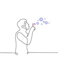 man blowing soap bubbles - one line drawing vector. concept adult entertains himself vector