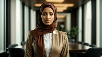 AI generated Striking image of a confident Muslim businesswoman in hijab, standing tall in a boardroom, ready to tackle challenges and make strategic decisions. photo