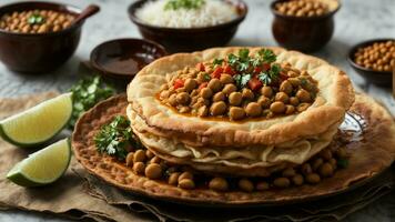 AI generated Showcase a plate of delicious Chole Bhature against a clean and crisp white background photo