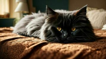 AI generated image that conveys the serenity of a Black Persian Cat taking a nap on a bed with a solid color background photo