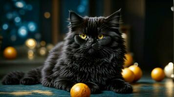 AI generated a Black Persian Cat against a deep, midnight-blue background as it engages in playful antics on the floor highlight the cat's glossy coat and emphasize photo