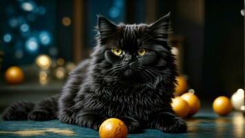 AI generated a Black Persian Cat against a deep, midnight-blue background as it engages in playful antics on the floor highlight the cat's glossy coat and emphasize photo