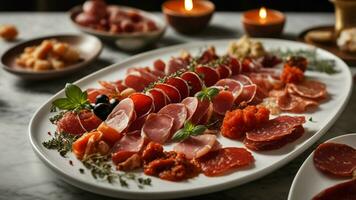 AI generated Take viewers on a virtual journey through Italy with a composition featuring an assortment of regional salumi on a white plate. photo