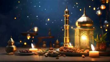 ai generato molti piatti rompere il veloce con candele e lanterne su il tavolo a notte. Ramadan celebrazione tema. senza soluzione di continuità looping 4k video animazione sfondo.