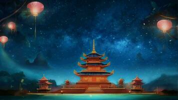 AI generated chinese temple or pagoda at night with lanterns. seamless looping 4k video animation background.