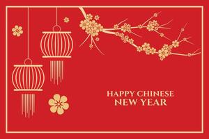 Happy chinese new year with sakura flowers and red background vector