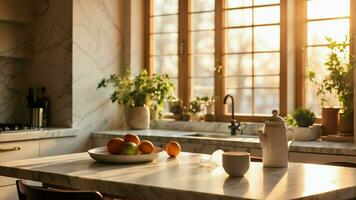 AI generated photos featuring your marble kitchen table bathed in the warm glow of morning sunlight the play of light on the surface, creating a cozy and inviting atmosphere.