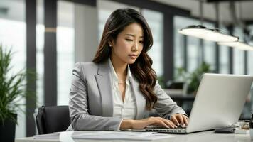 AI generated Confident Asian businesswoman working on her laptop at a sleek white desk photo