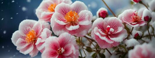 AI generated winter flowers against a backdrop of pristine snow showcase the delicate petals and vibrant colors that defy the cold, and emphasize the contrast between the warmth of the blooms and the photo