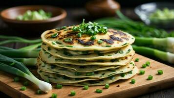 AI generated a bunch of fresh spring onions on a wooden chopping board create a recipe for savory spring onion pancakes that showcase the vibrant flavors of this versatile ingredient photo