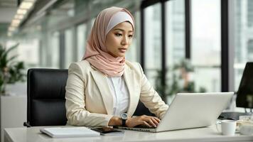 AI generated An empowering image of an Asian businesswoman wearing a hijab, confidently managing her tasks on a laptop at a sleek and modern white desk. photo