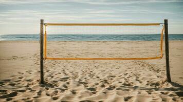 AI generated the simplicity and elegance of a beach volleyball net standing alone on an untouched sandy beach, with no signs of human activity. photo