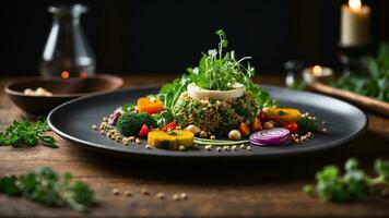 AI generated a vegetarian chef by photographing a thoughtfully composed plate of plant based delights on a dark wooden table in a stylish restaurant photo