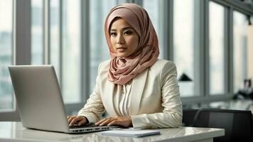 ai generado empoderamiento en elegancia capturar el esencia de un poderoso asiático mujer de negocios en hiyab, sentado a un prístino blanco escritorio, absorto en su trabajo con un moderno ordenador portátil foto