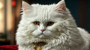 AI generated White Persian cat against a solid color background a photo that highlights their regal demeanor and showcases their pristine white fur.