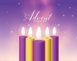 cinco adviento velas en púrpura y dorado color vector