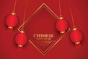 Chinese new year with traditional lamps on red background vector