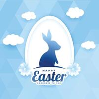 paper style easter card with clouds and bunny rabbit vector