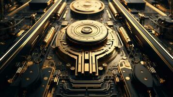 AI generated Golden black circuit board chip tech background. Generative AI photo