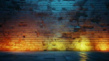 AI generated Illuminated yellow grunge brick wall. Generative AI photo