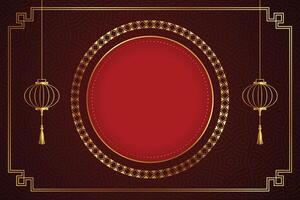 chinese traditional red background with golden frame and lanterns vector