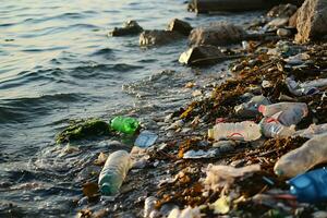 AI generated Garbage polluted sea. photo