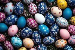 AI generated Background with colorful Easter eggs. photo